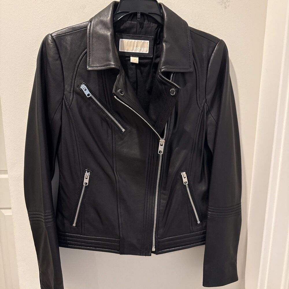 Michael Kors Black Leather Moto Jacket With Zippers Size XS - Picture 1 of 12